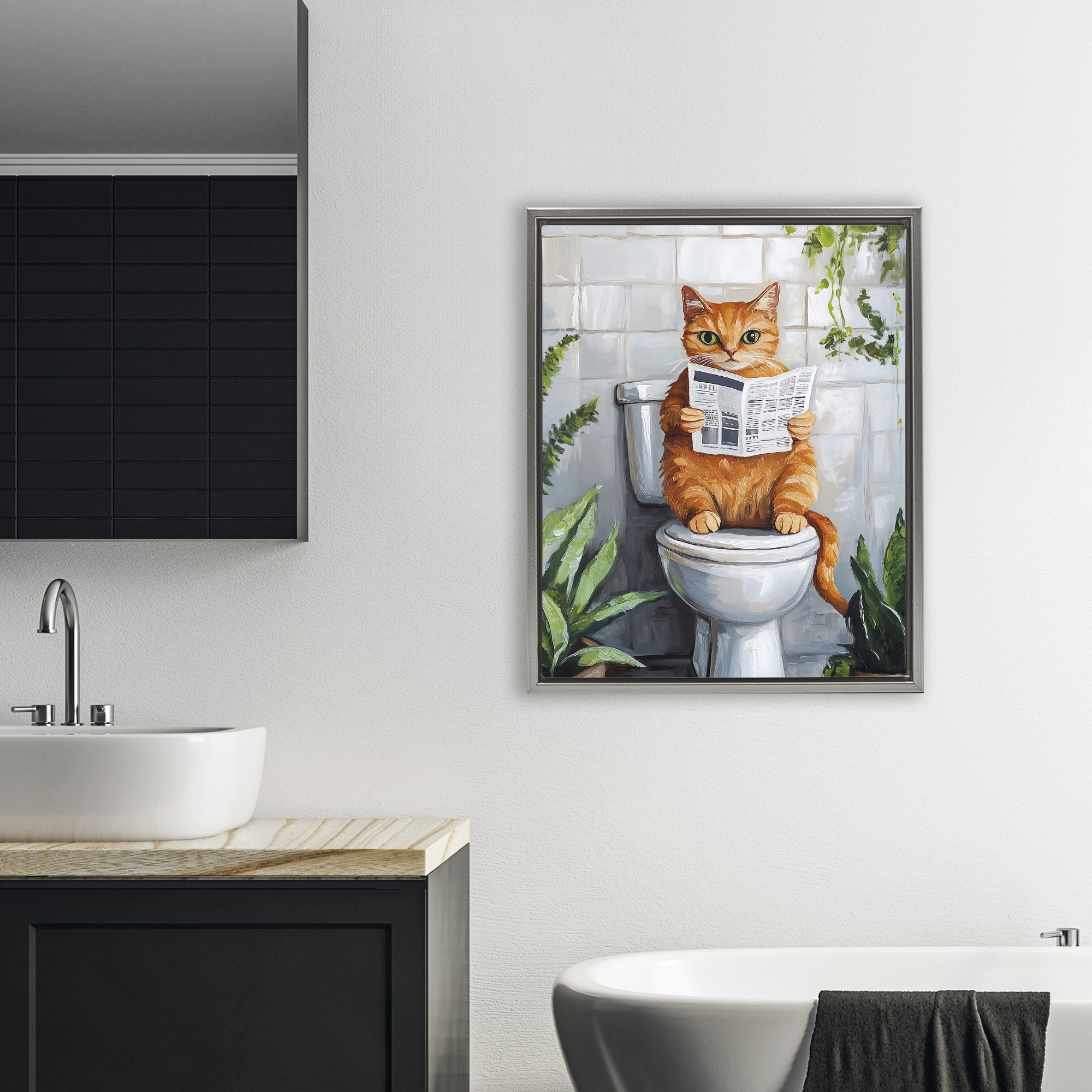 Stupell Industries Orange Cat Reading Paper Gray Framed Floater Canvas Wall Art, design by The Prints Vibe