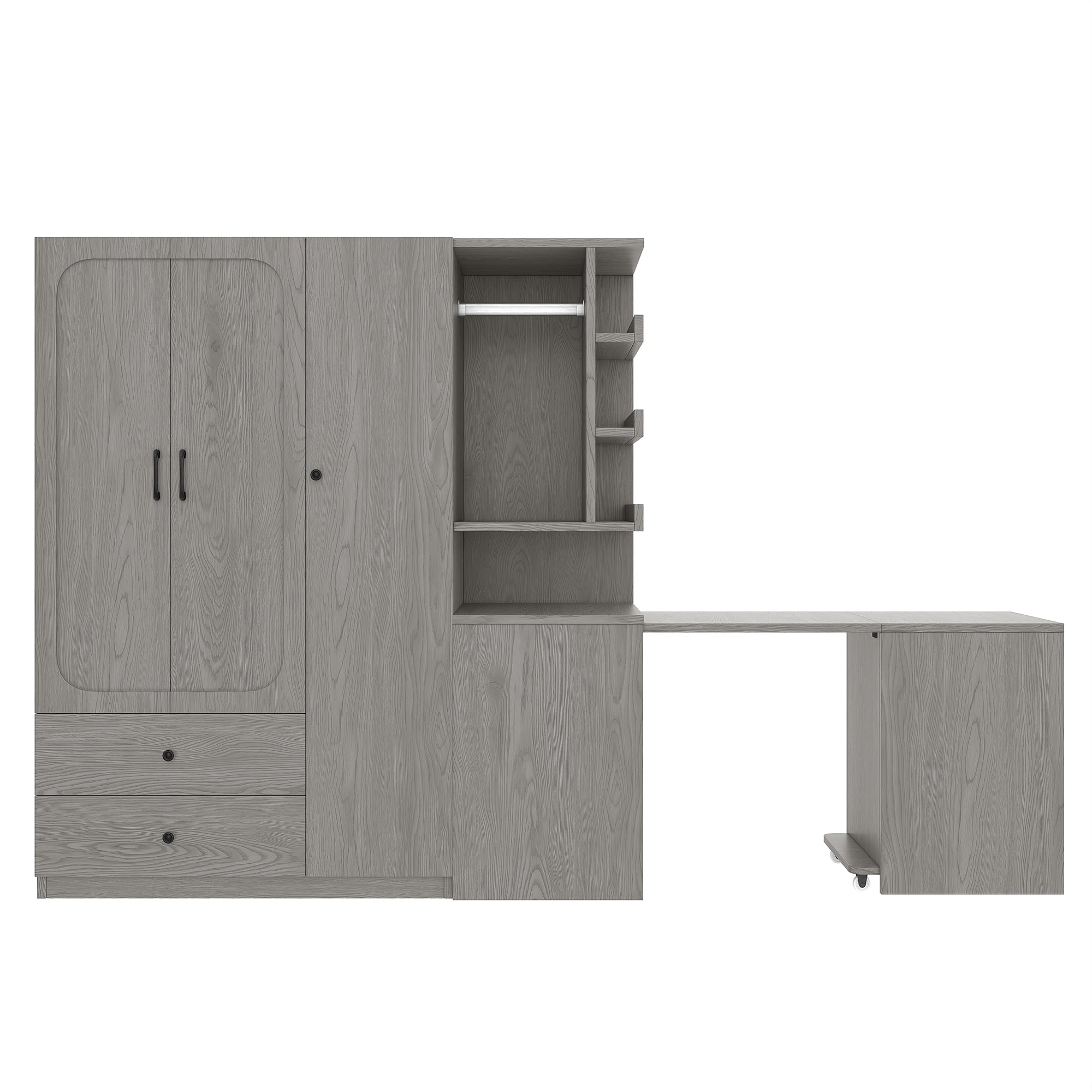 Mintazer Multifunctional Wardrobe Closet with Convertible Foldable Desk & Open Shelves, Clothes Storage Cabinet with Hanging Rod & Drawers for Bedroom Cloakroom Apartment, Gray