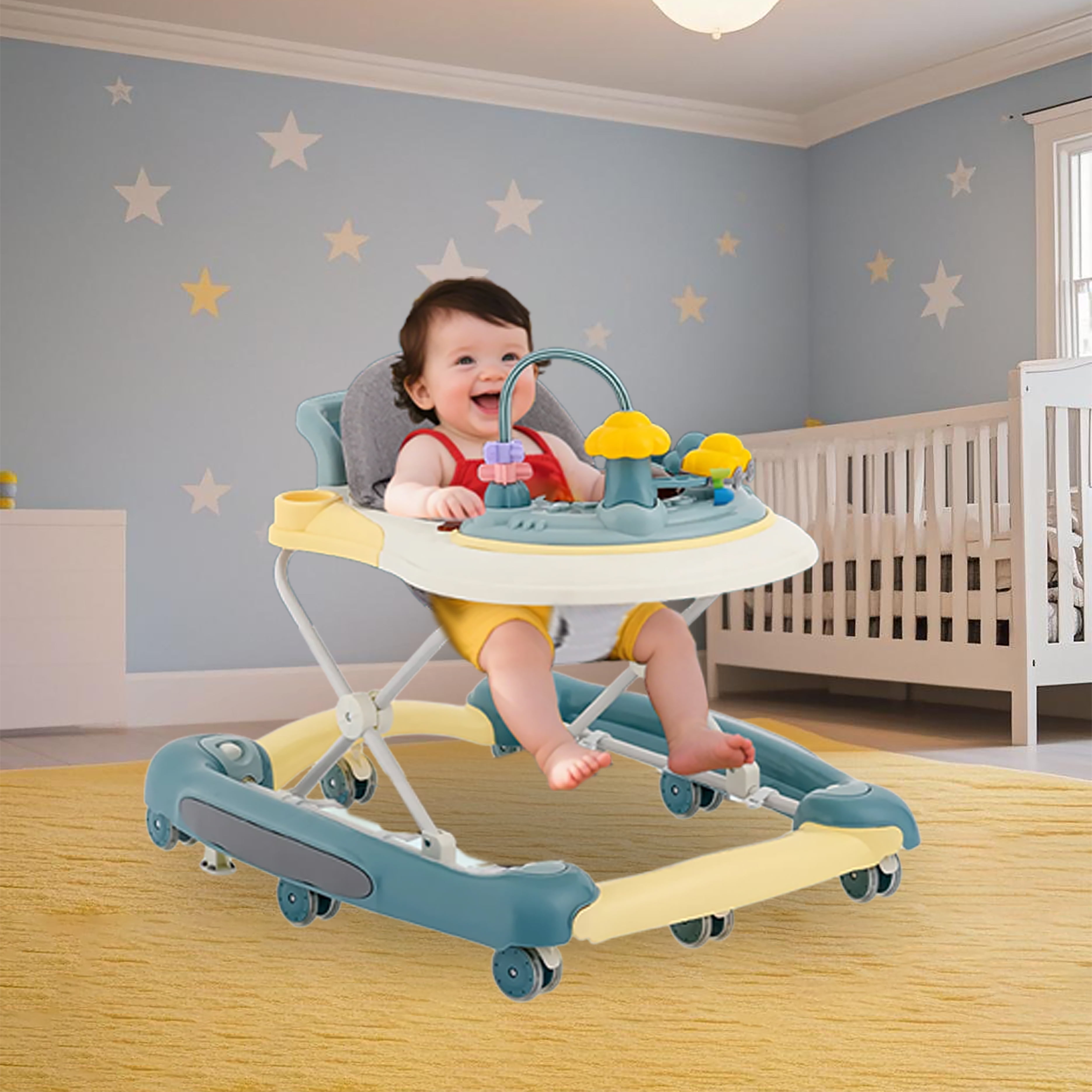 KFeng 4-in-1 Foldable Baby Walker with Toy Tray,3-Level Height Adjustable,Wheels,for Infants 6-24 Months (Dark Green)