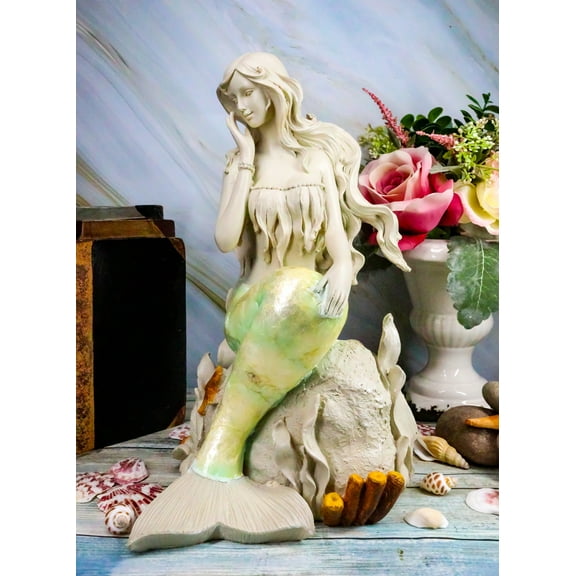 Ebros Ocean Turquoise Mermaid Sitting On Starfish Coral Bed Rock Figurine 13"H