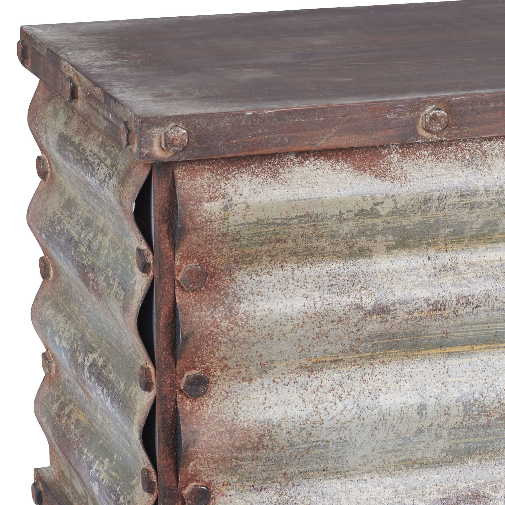Household Essentials Decorative Trunk, Rustic, Small, Wood Frame and Metal Siding, Spacious and Handmade, Fully Opening Lid, Black Interior, Driftwood and Silver