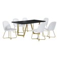 thumbnail image 1 of 7pc Black Wood Top Dining Set with White Faux Leather Chairs and Gold Base, 1 of 5