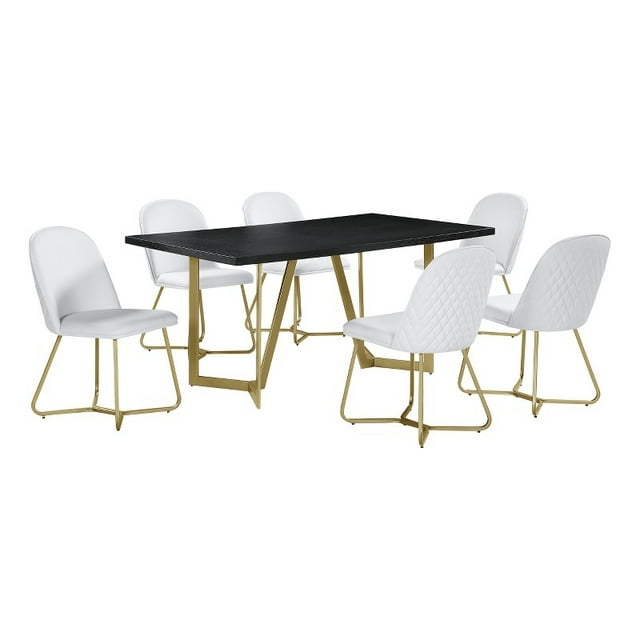 7pc Black Wood Top Dining Set with White Faux Leather Chairs and Gold Base