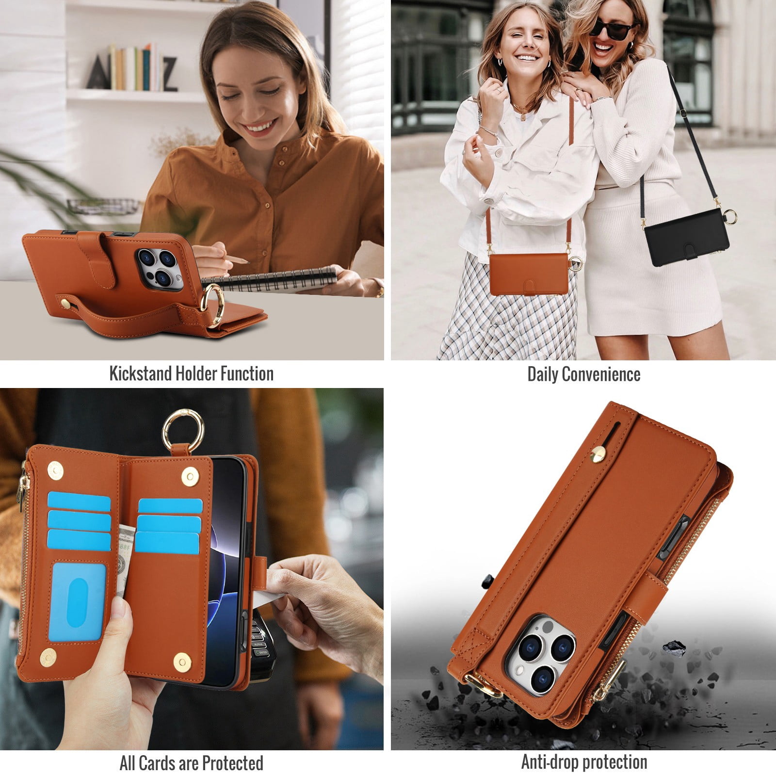 ELEHOLD For iPhone 13 Pro Max Phone Case Leather Crossbody Zipper Card Wallet Flip Case Kickstand Cover, with Ring Holder,Full Body Protection-Brown
