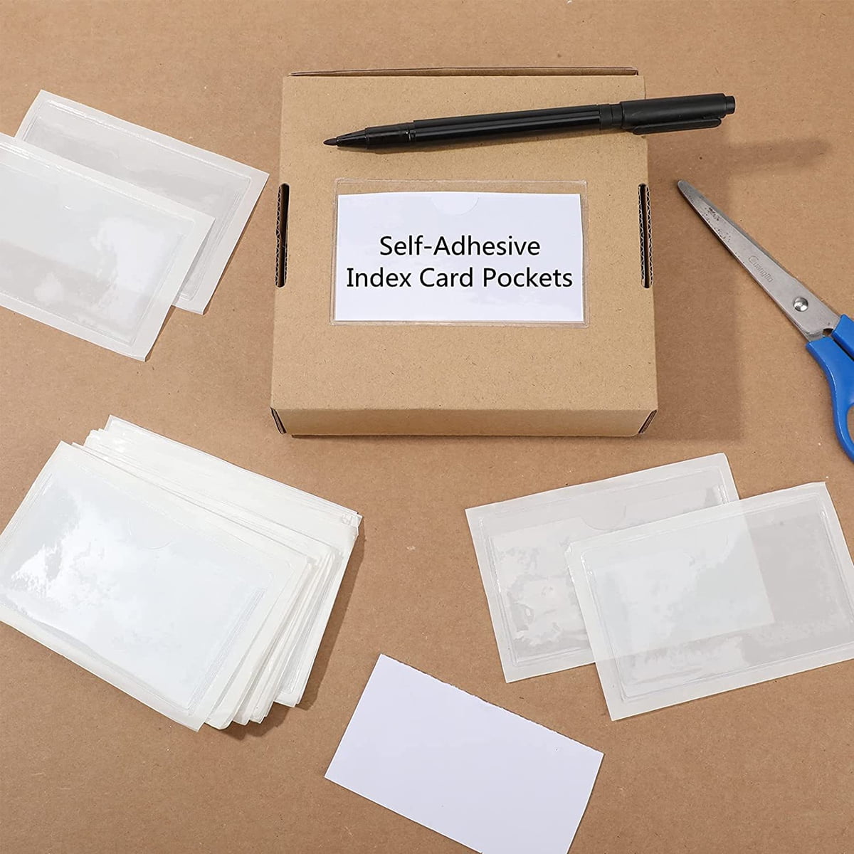 FORSHUYU 50 Pack Self-adhesive 4" x 6" Index Card Pockets with Top Open for Business Cards, Crystal Clear Plastic Card Holder for Organizing,Storage Bins,Photo, Label and Planner