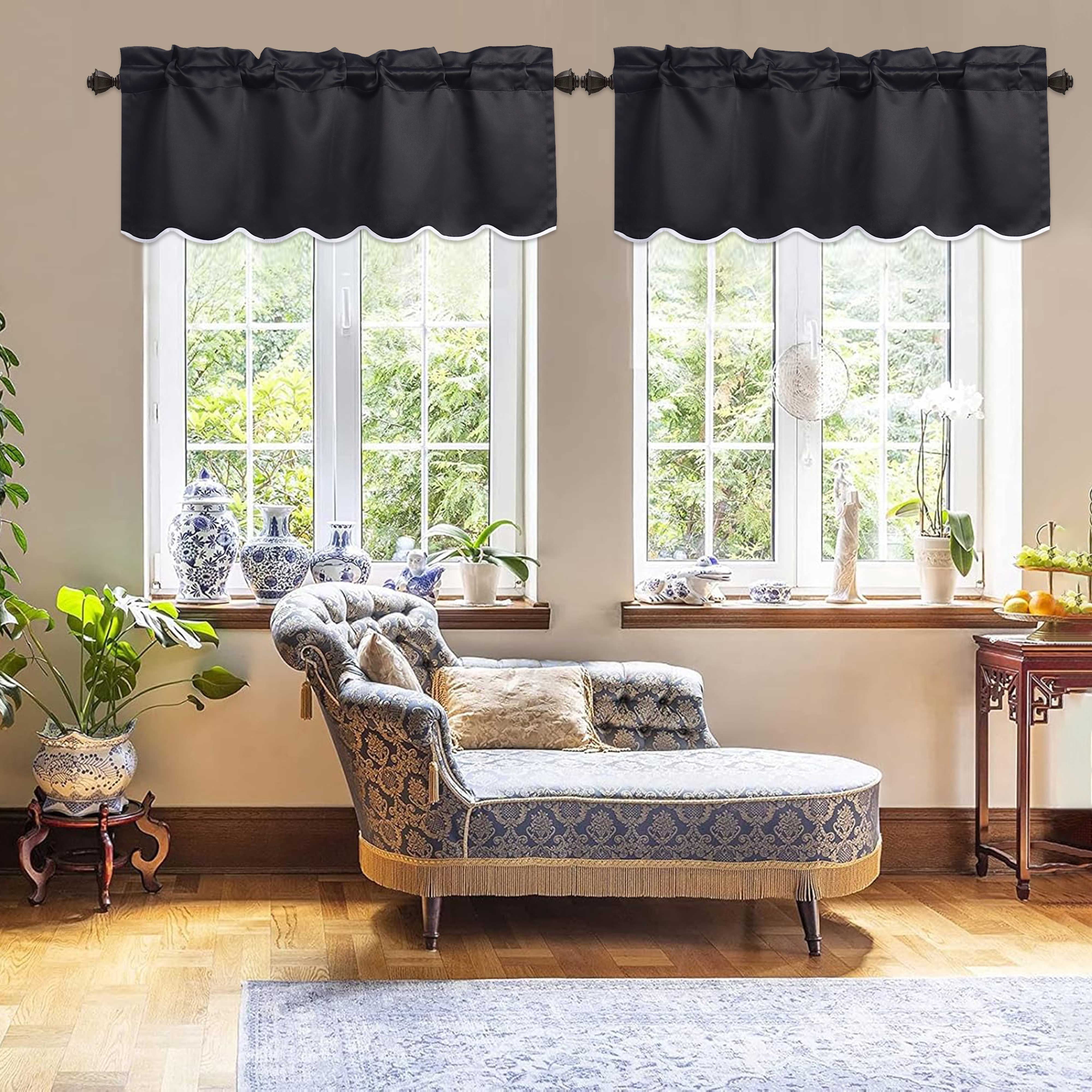 HIG 2 Panels Blackout Window Treatment Valances, 52"W x 18"L Color-Block Scalloped Valances, Decorative Rod Pocket Short Curtain Panel for Kitchen, Window, Bathroom, Black