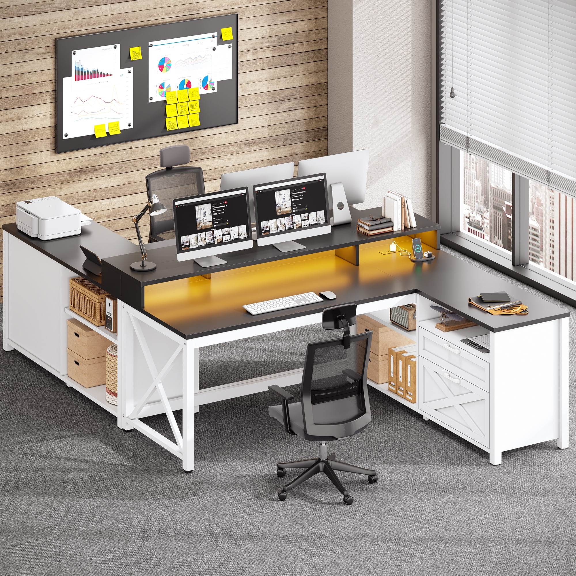 Farmhouse L-Shaped Desk with Power Outlets & LED Lights for Home Office, Large Computer Desk with Monitor Stand & Storage Drawer & File Drawer, Corner Computer Desk with 5 Open Storage Space, White