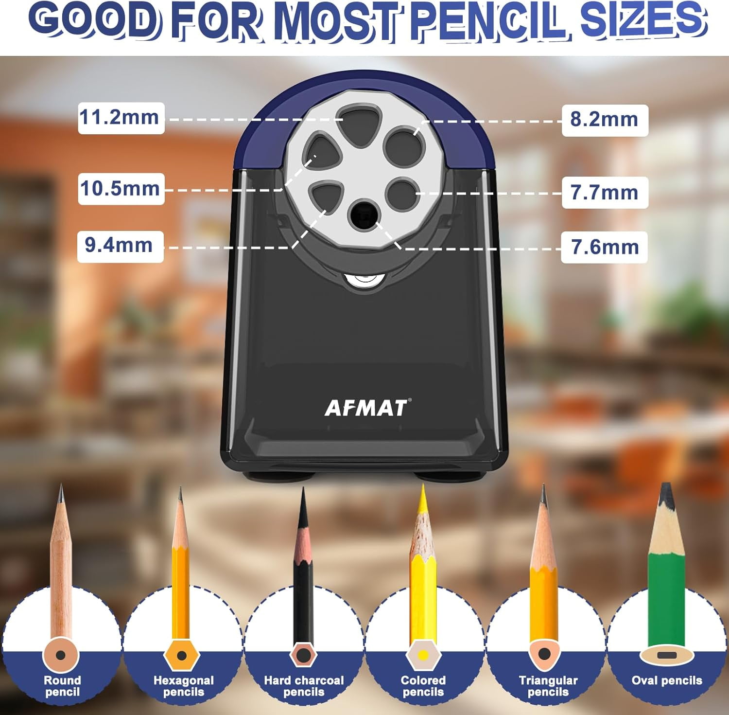 AFMAT Heavy Duty Electric Pencil Sharpener for Classroom, 6 Holes, Electric Pencil Sharpeners for Home, Pencil Sharpener Plug in for 6-11mm Pencils, Auto Stop, Super Fast, Never Eat Pencils,New,Blue