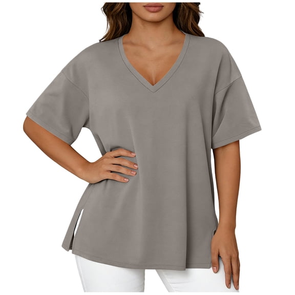 Tsesme Plus Size T-Shirt for Women V-Neck Loose Pullover Short Sleeve Tee Fashion Side Split Summer Tops