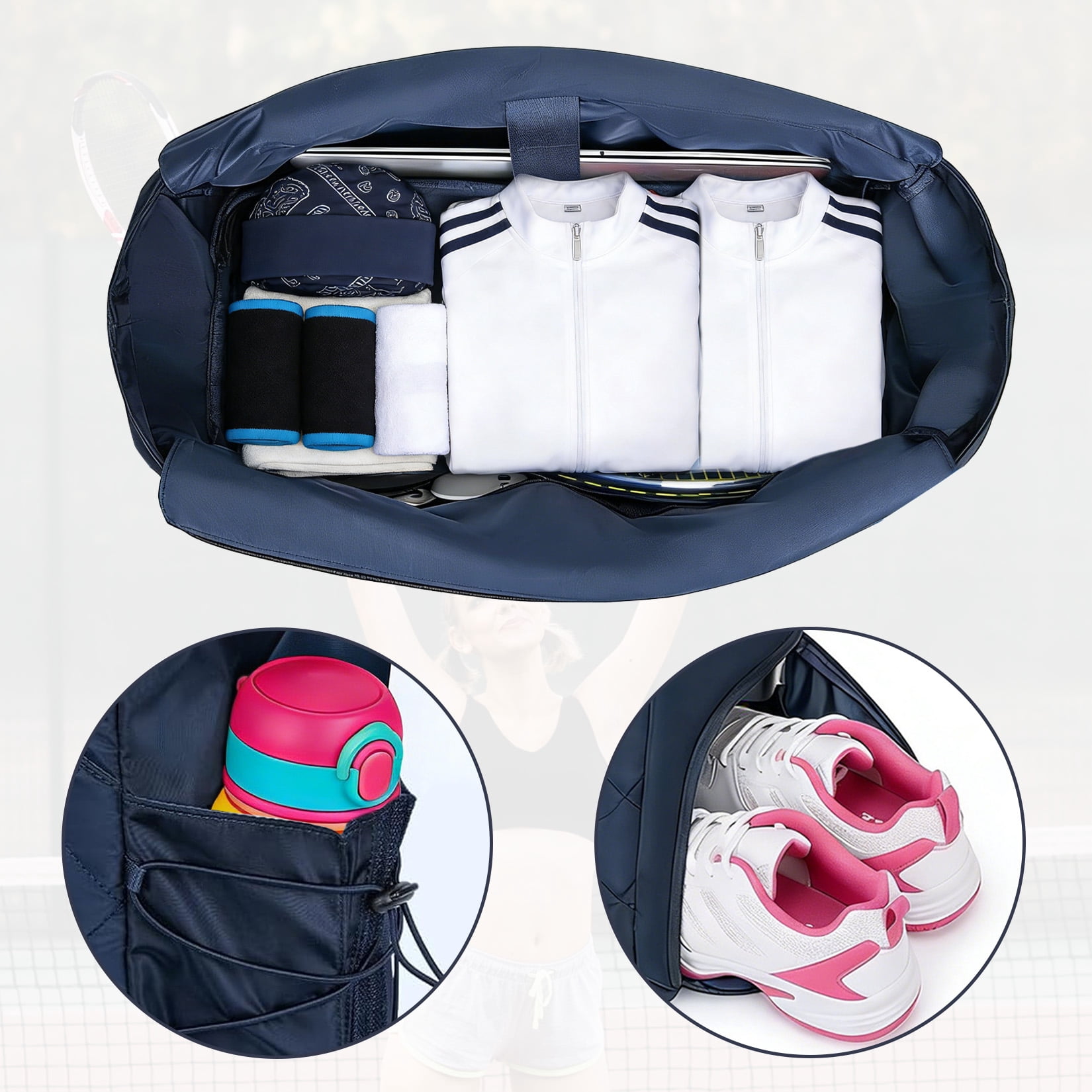 Ataujin Large Quilted Tennis Tote Bag, Water-Resistant Racket Bag for 2-4 Tennis or Pickleball Paddles Lightweight, Shoe Compartment, Ideal for Sports, Gym, Travel