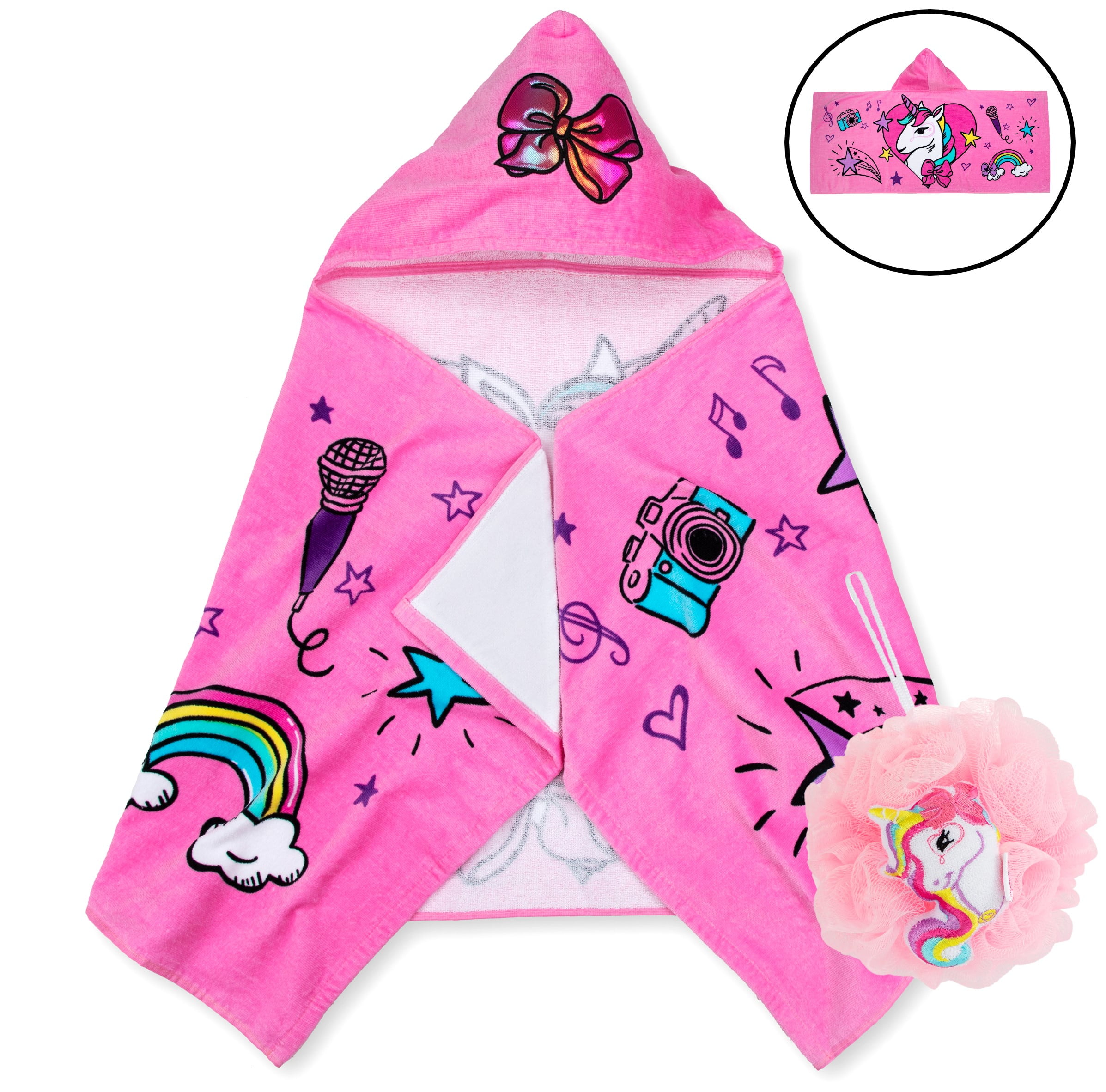 Jojo Siwa Kids Hooded Towel and Character Loofah Set, Cotton, Pink, Nickelodeon