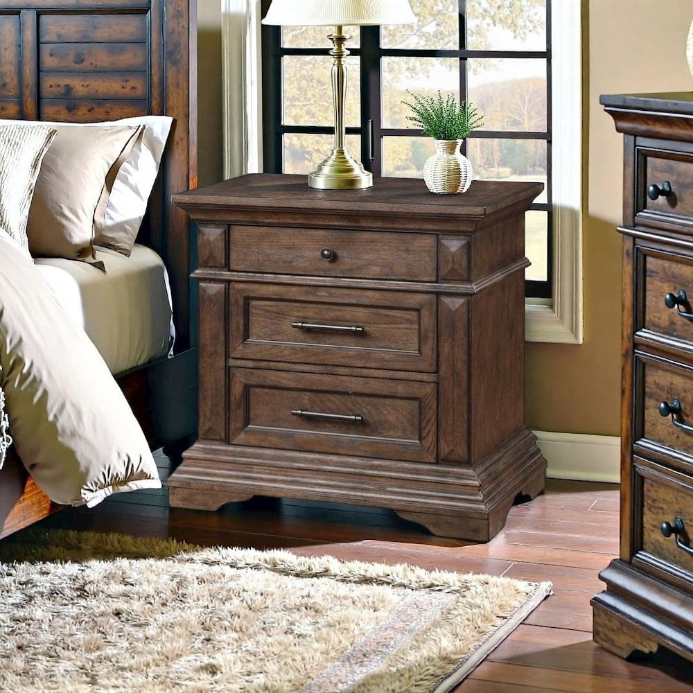 Wood Nightstand with Drawers – Classic 3 Drawer Nightstand in Brown