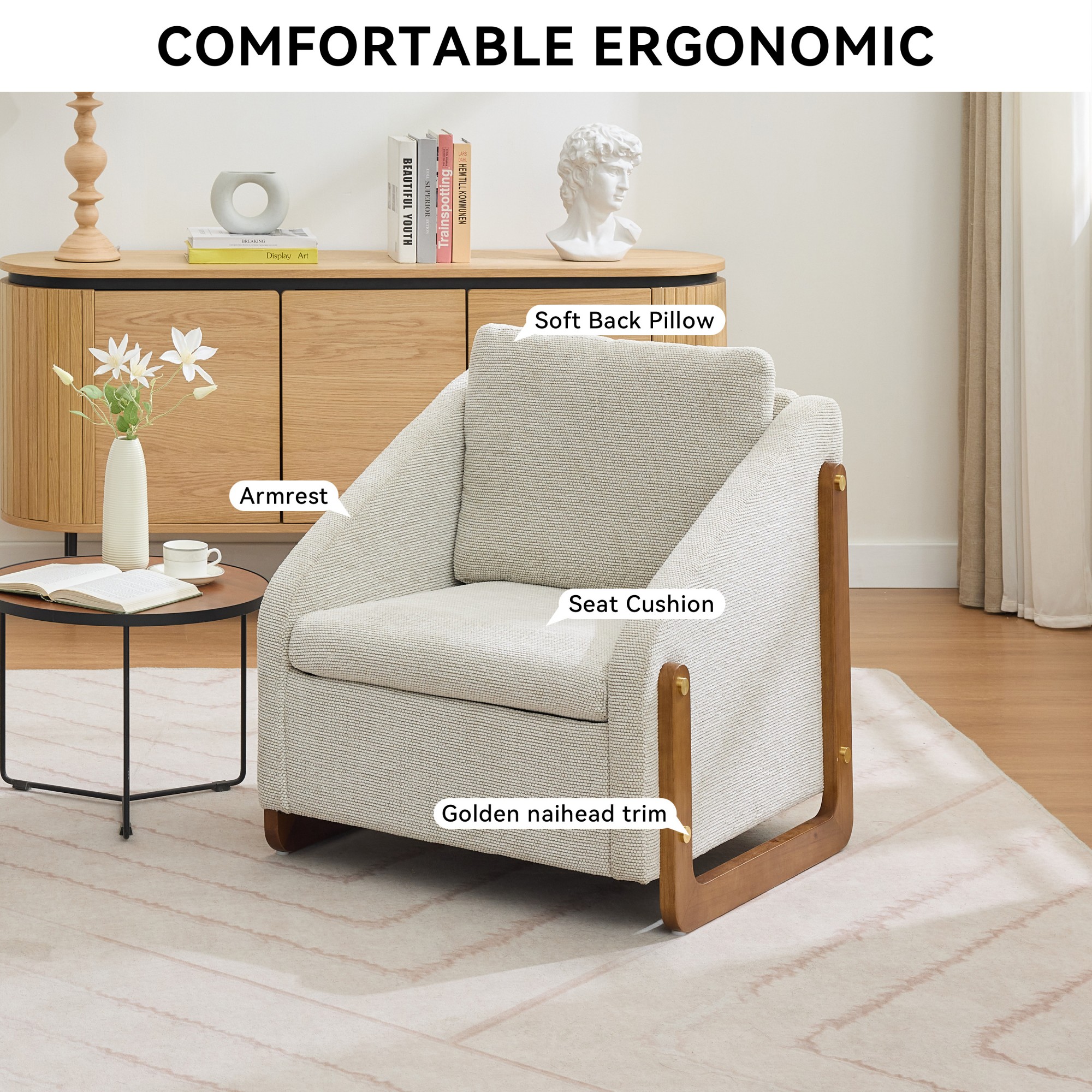 Modern Arm Chair Armchair,Chenille Upholstered Accent Chair with Cushioned Seat and Backrest for Living Room, Bedroom,Beige