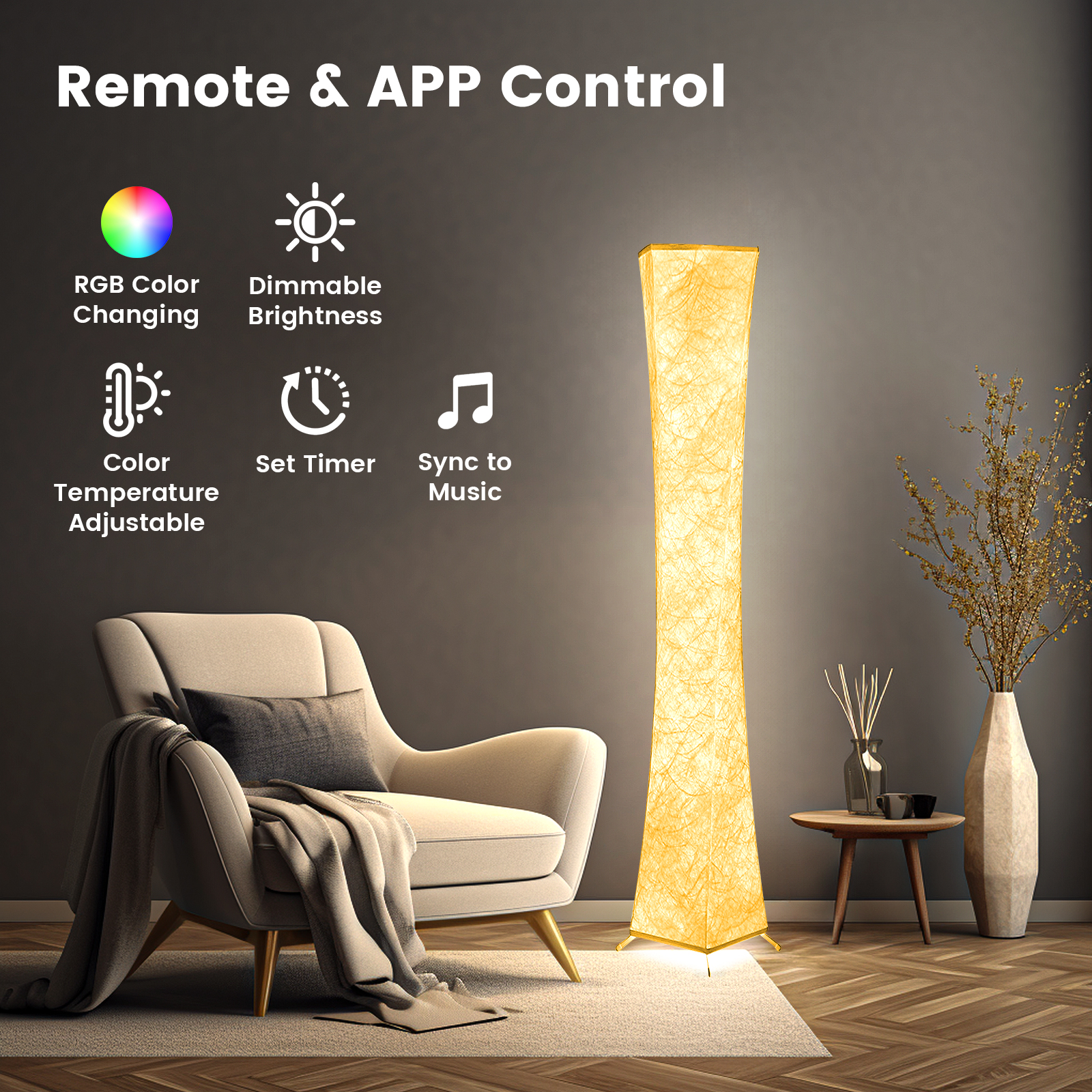 Soft Light LED Floor Lamp, RGB Color Changing Dimmable 61'' Tall Corner Lamps with Remote & Smart App Control, Music Sync, for Living Room Bedroom Game Room, Square - image 3 of 9