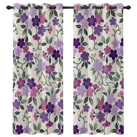 Pink Purple Floral Blackout Curtains 96 Inches Long Retro Flower Leaf Linen Texture Thermal Insulated Room Darkening Drapes with Grommets for Living Room 52 W x 96 L 2 Panels