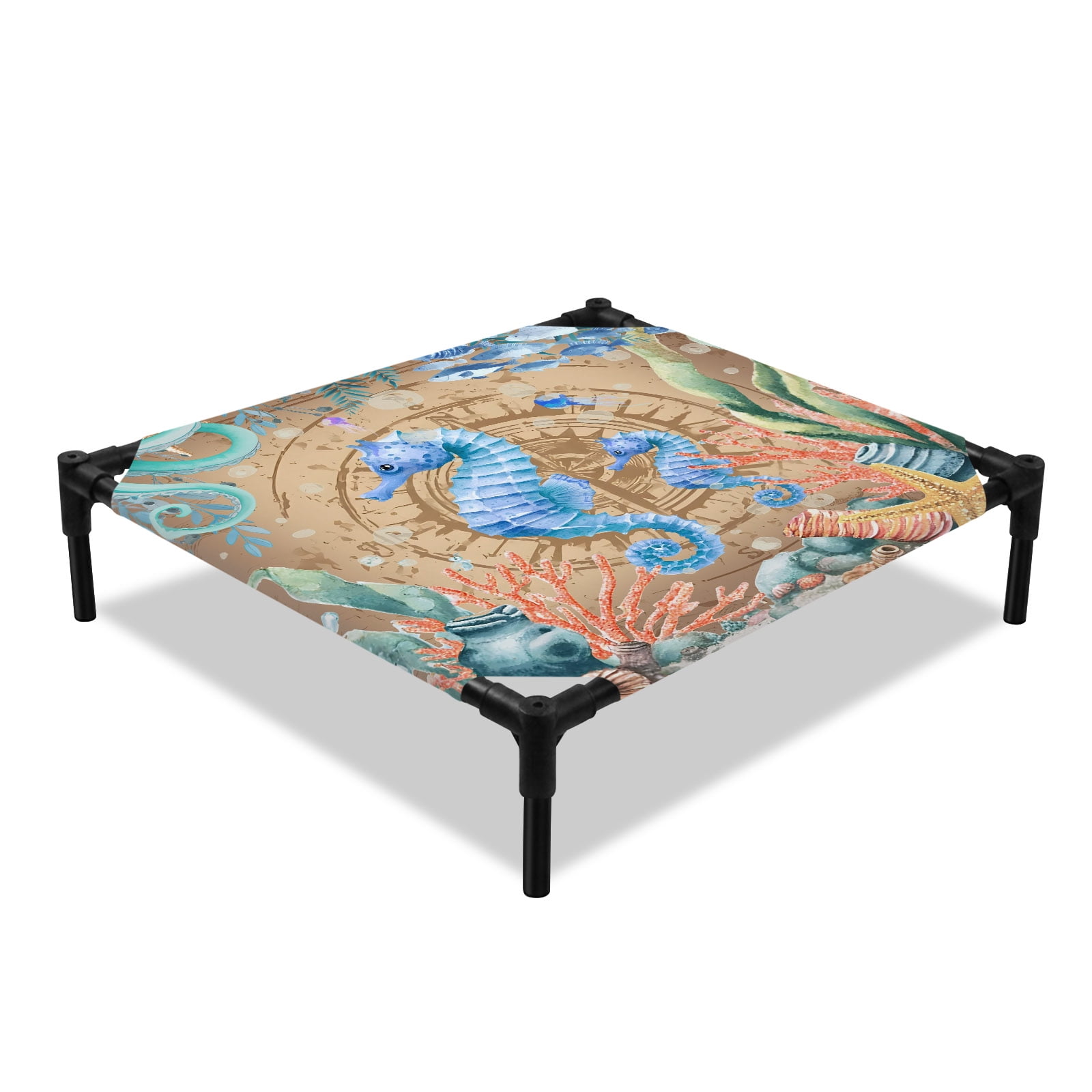 Summer Ocean Seahorse Elevated Dog Bed Nautical Colorful Sea Fish Octopus Coral Starfish Cooling Breathable Outdoor Raised Dog Cot Bed with Metal Frame Non-Slip Feet for Small Dog 20x20in