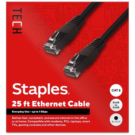 Staples TECH 25 ft. Cat-6 Ethernet Cable Male to Male Black (ST62457)