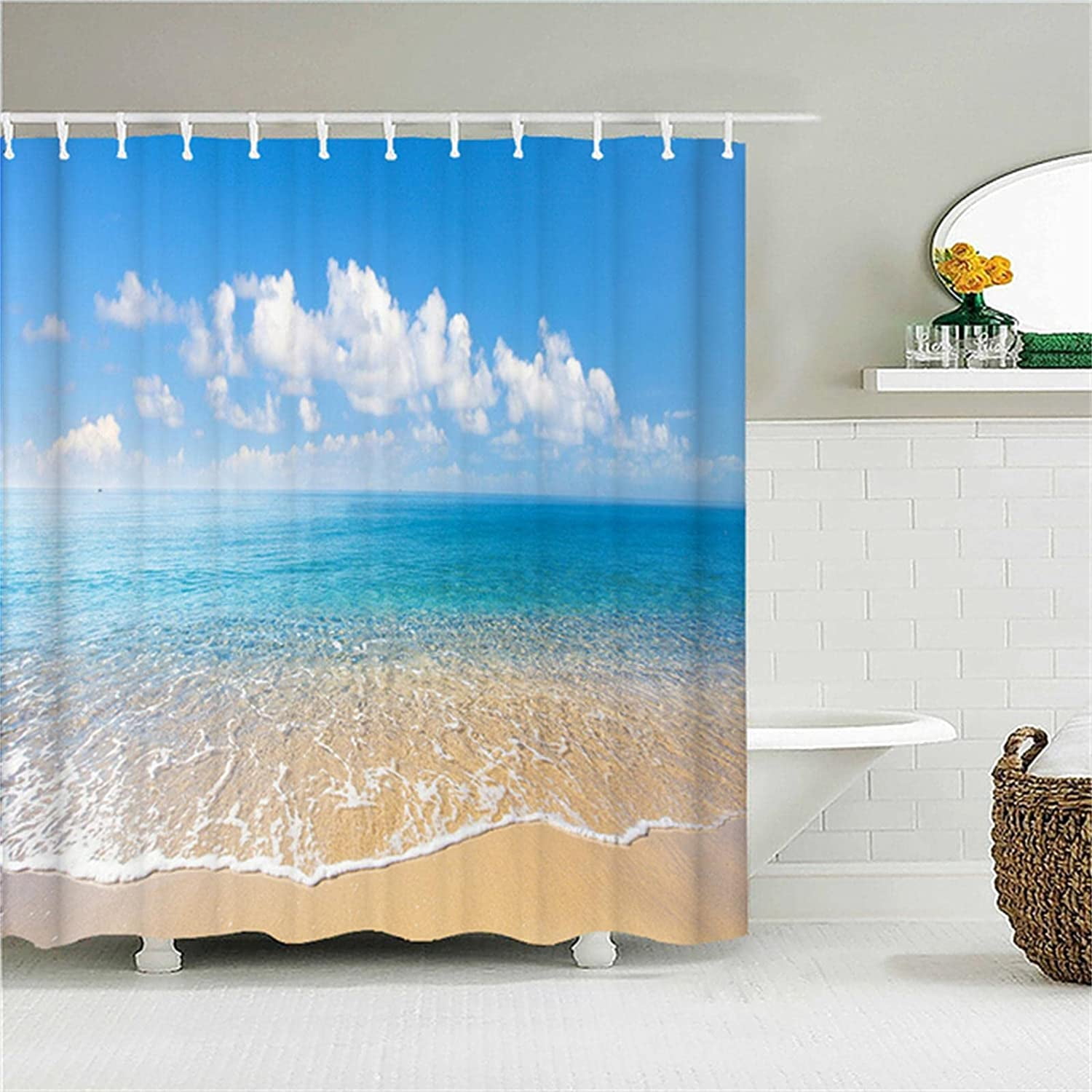 SPXUBZ Beach Scenery Shower Curtain, Fabric Showers Curtain, 12 Hooks