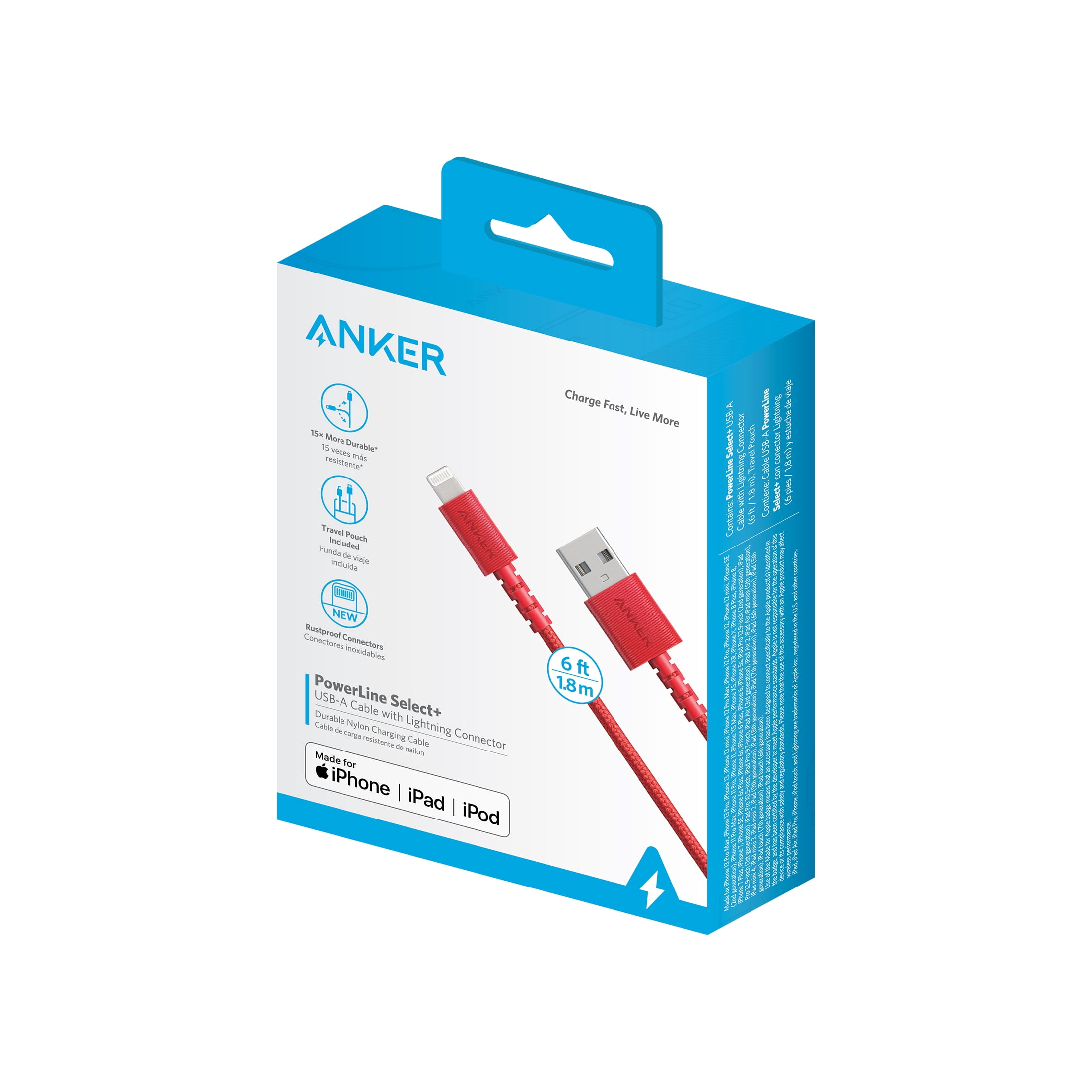 Anker PowerLine Select+ USB-A to Lightning Cable, 6 ft, Red