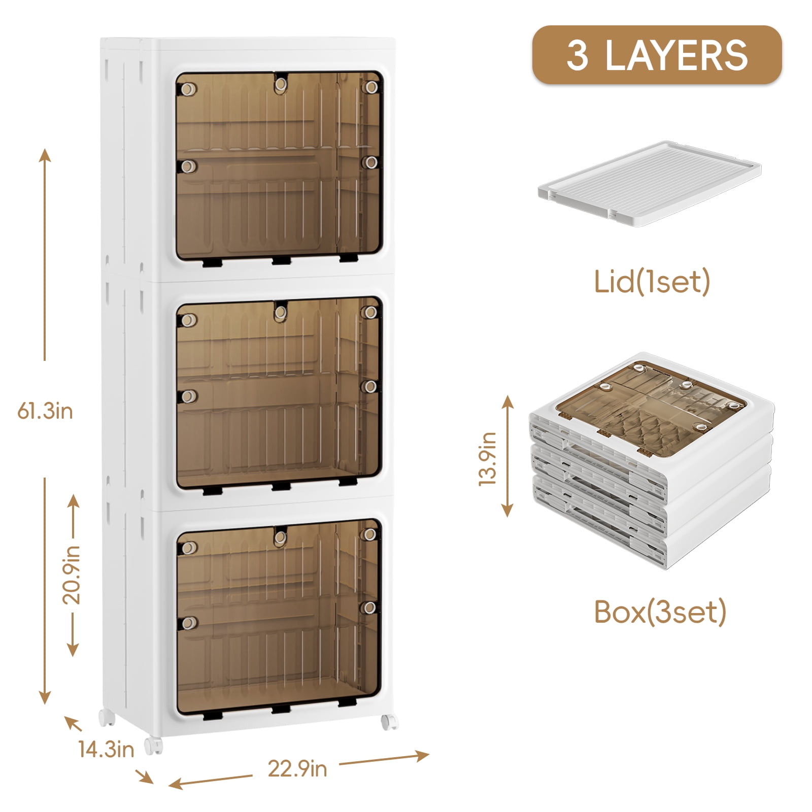 JEKO&JEKO 3-Tier Bathroom Storage Cabinet with Wheels, Lockable Doors, Plastic Organizer for Kitchen, Laundry Room, White