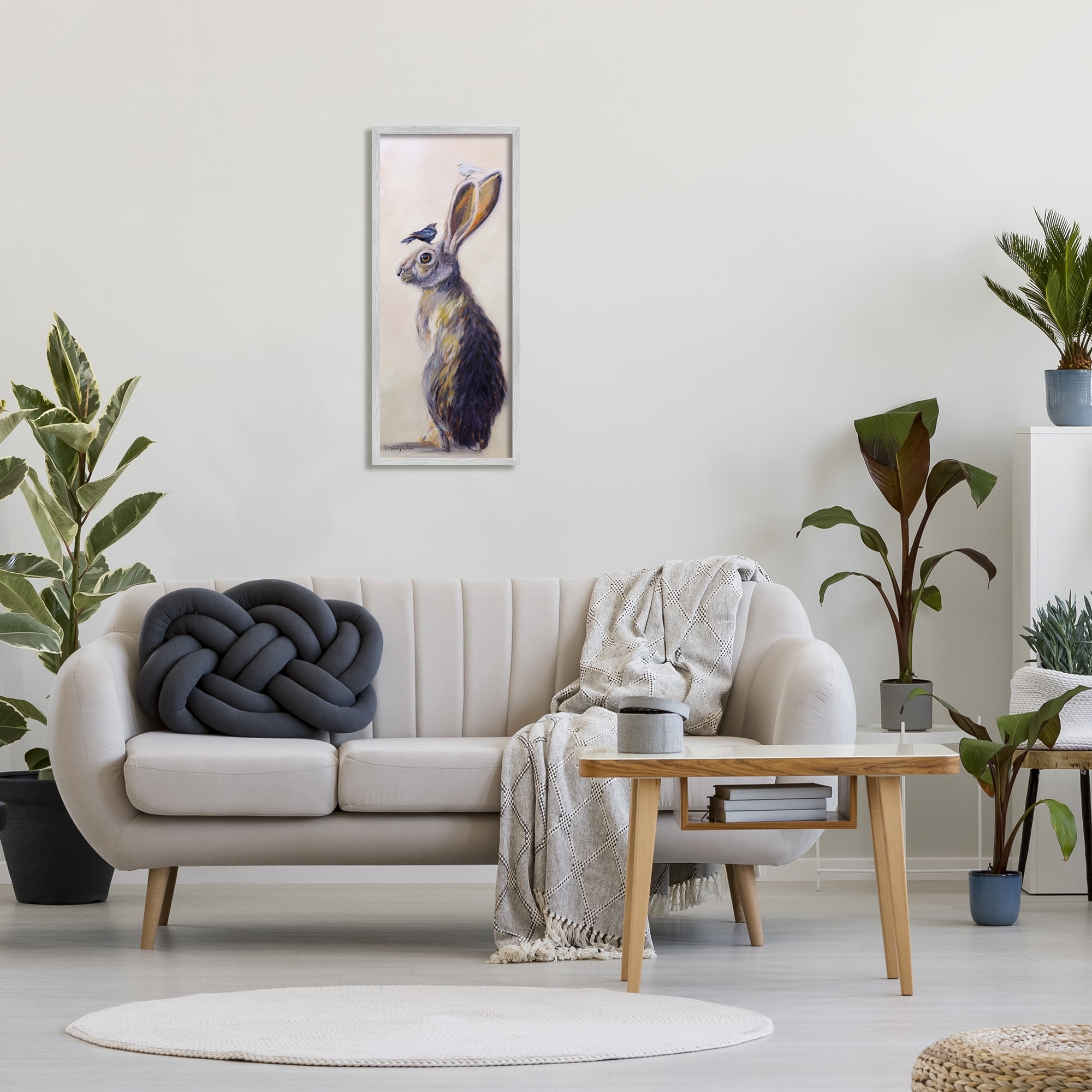 Stupell Industries Minimal Woodland Rabbit with Perched Birds Painting, 13 x 30,Design by Karen Weber Fine Art
