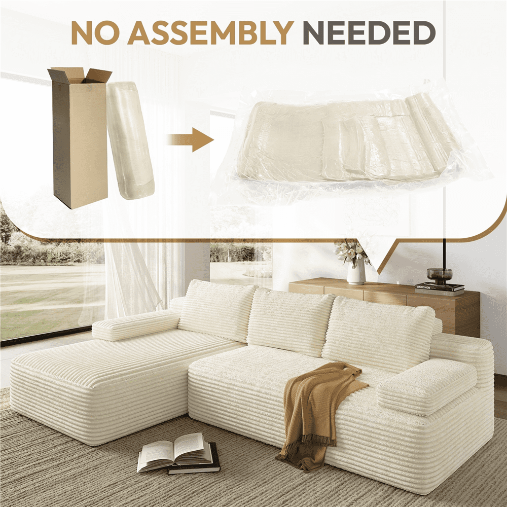 Renwick 110" L-Shaped Cloud Couch, Boneless Corduroy Sectional Sofa with 3 Detachable Pillows for Livingroom, Beige