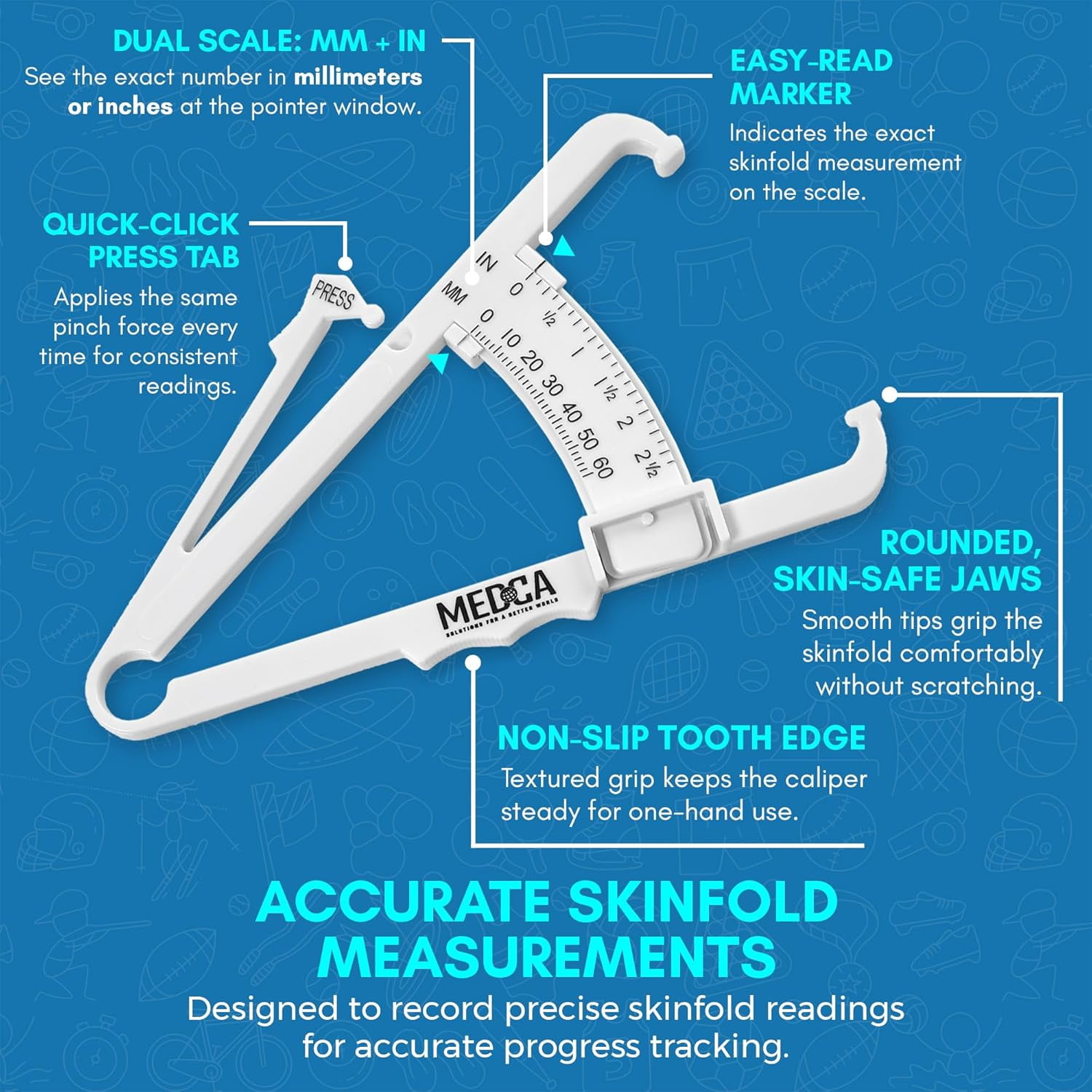 Body Fat Caliper & Measuring Tape Set for Body Measurement, Skinfold Calipers with Body Tape Measure for Fitness & Weight Loss Tracking, White, Case of 50