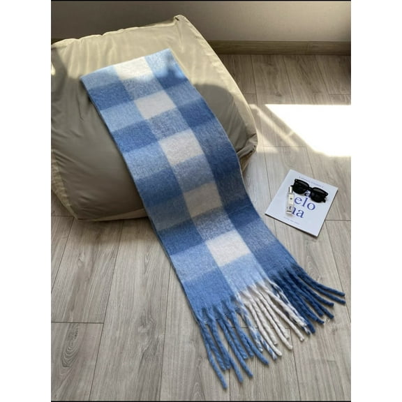 Zhuge Plaid Scarf for Women Chunky Scarves Winter Warm Thick Oversized Blanket Scarf,AC Blue White