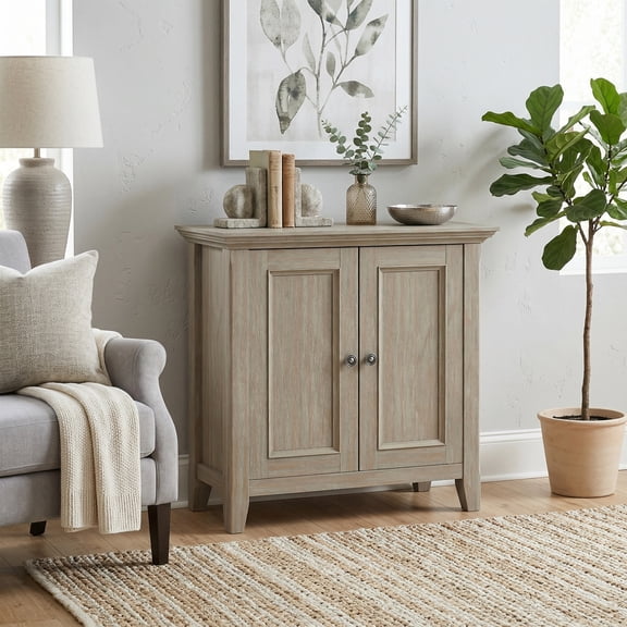 Simpli Home Amherst 32 inch Wide Solid Wood Transitional Low Storage Cabinet in Distressed Grey