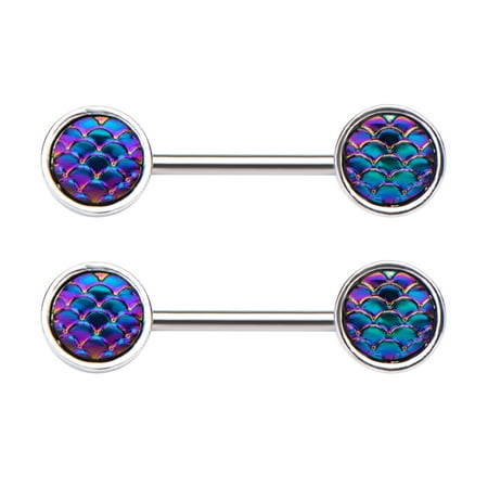 Stainless Steel Nipple Barbells with Forward Facing Purple Mermaid Scale 14g 9/16