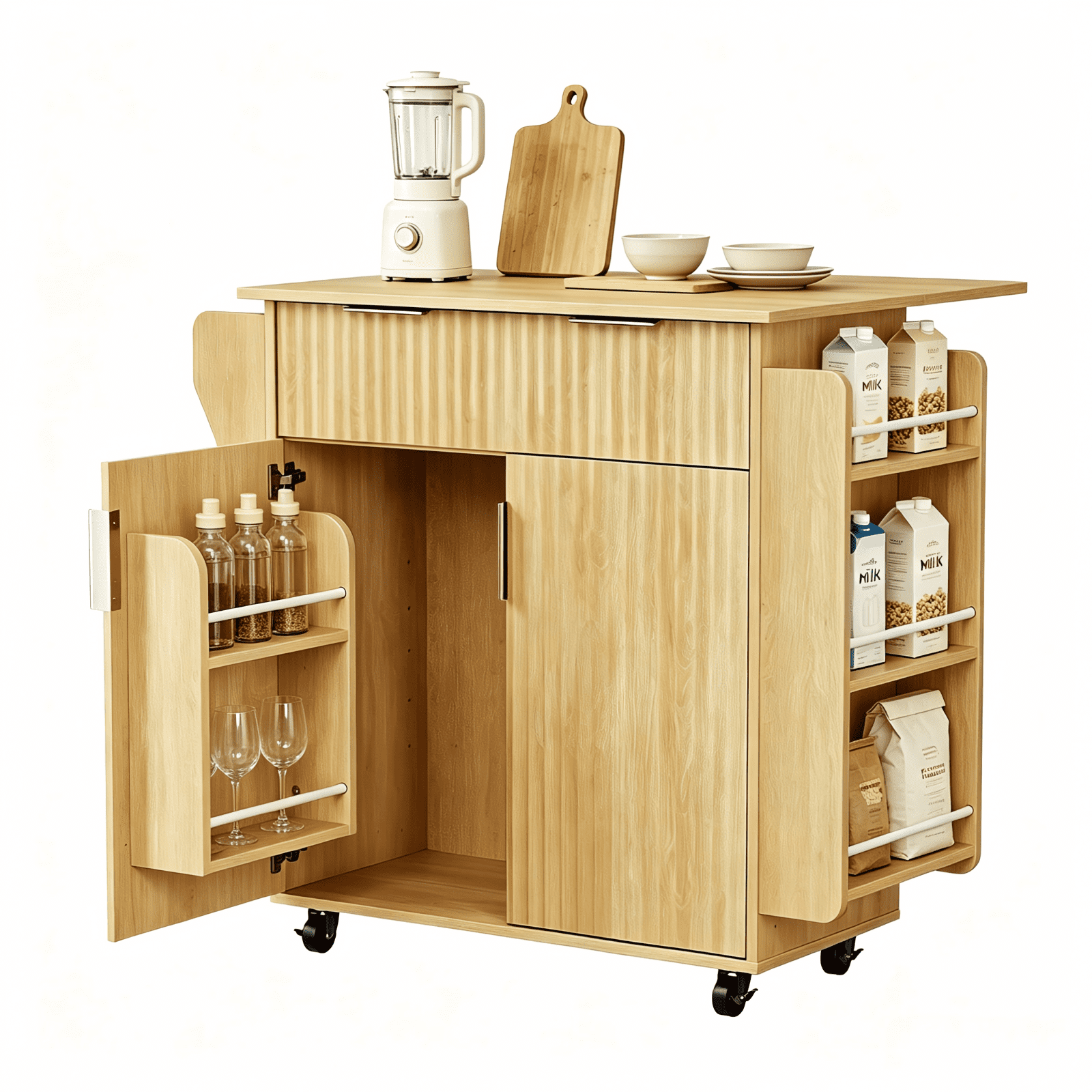 2-Door 1-Drawer Grille Food Cart Gold-Plated Aluminum Alloy Door Handles Vacuum-Formed Door Panels Rubberwood Countertop MDF Sideboard, 31.5*26.69*35.04in Oak