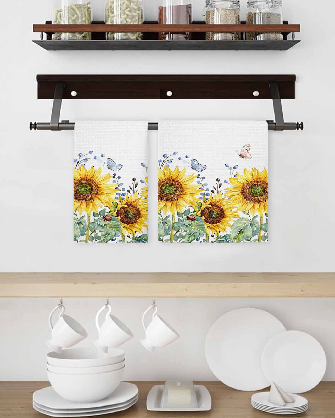 Sunflower Kitchen Dish Towels for Drying Dishes Set of 2, Yellow Floral Summer Botanical Waffle Weave Microfiber Terry Hand Tea Bathroom Towels Quick Dry & Absorbent Towel 15.7x23.6