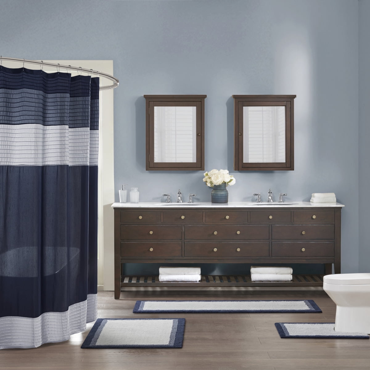 MAYEERTY 100% Medium Pile Cotton Tufted Bathroom Mat, Navy, 24"W x 60"L