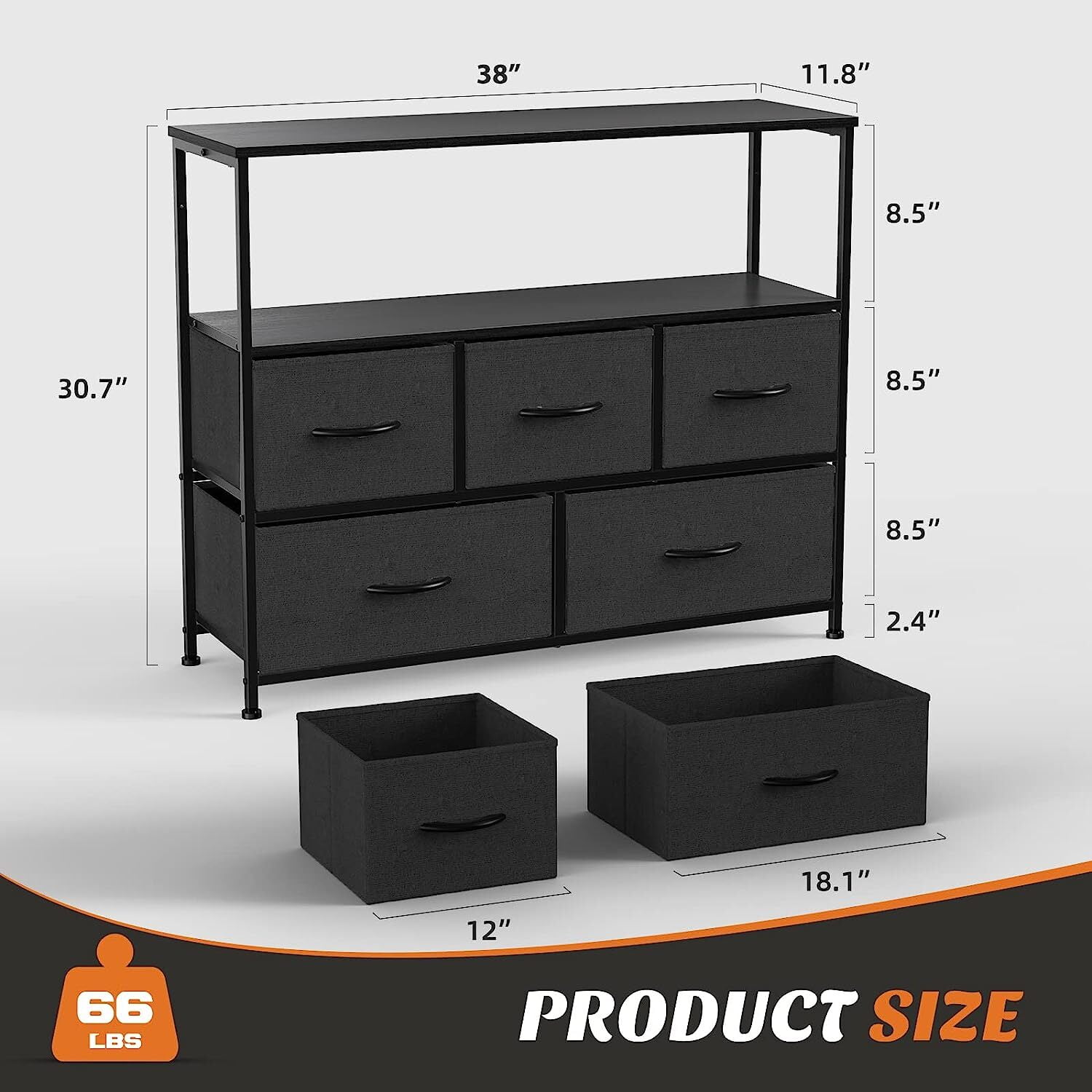 Nextay TV Stand Dresser with 5 Fabric Drawers, Small Media Console with Open Shelf for 45-Inch TV, Storage Organizer for Bedroom, Dorm, or Living Room