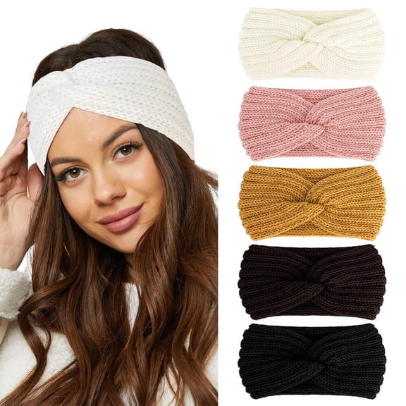 5 Pieces Knit Wide Winter Headbands for Women,Crochet Turban Headbands for Women, Stretch Knit Wide Headbands Winter Ear Warmer Thick Head Band,Head Warmer for Women Soft
