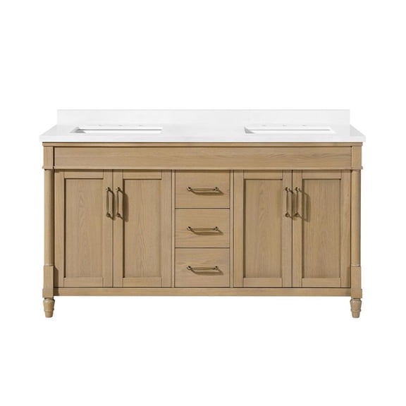 Pemberly Row 60" Natural Birch Bathroom Vanity with White Countertop