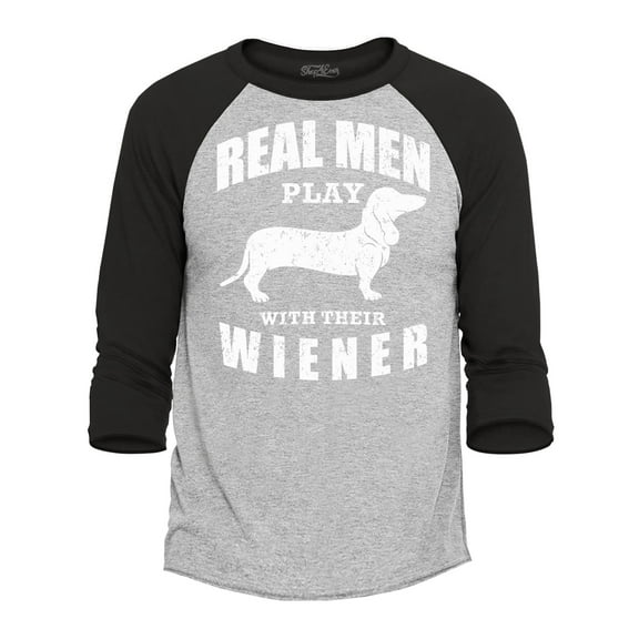 Shop4Ever Men's Real Men Play with Their Weiner Funny Dachshund Dog Raglan Baseball Shirt X-Small Heather Grey/Black