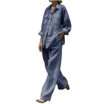 Plus Size 2 Piece Sets for Women Cotton Linen Long Sleeve Shirt with Palazzo Pant Casual Clothing Set