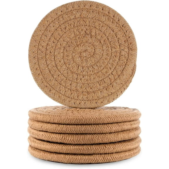GeeRic 6 Pcs Bar Coasters for Drinks, Handmade Braided Woven Drink Coaster Set, Beermat Beverage Coaster 4.3” Non Slip Coasters, Flaxen