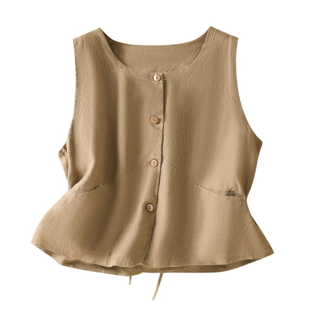 Ashirexll Débardeurs pour Femmes en Faux Lin Sans Manches avec Boutons et Col Rond Plissé
