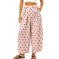 thumbnail image 2 of DORKASM Women's Polka Dot Pants High Waist Loose Fit Fashion Trousers Wide Barrel Leg Elastic Waist Boho Soft Clothes Comfort Linen Pants with Pockets Pink S, 2 of 5