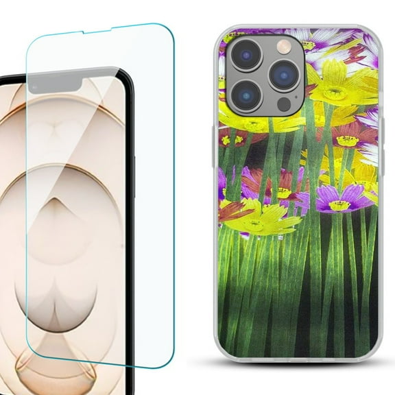 Slim-Fit Gel TPU Phone Case for iPhone 14 Pro, with Tempered Glass Screen Protector, by OneToughShield ® - Dream Flower