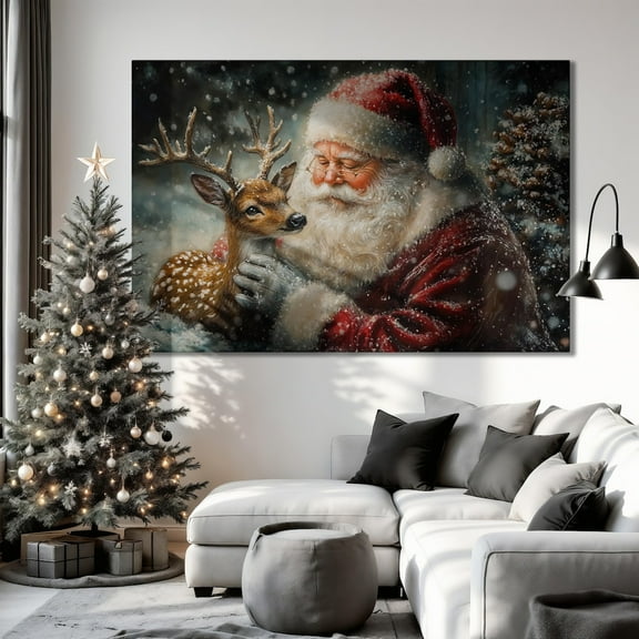 Santa Claus And Reindeer Wall Art Winter Festive Scene Poster Winter Holiday Decor Holiday Animal Poster Ready To Hang Xmas Gift Home Decor, 8x12 UNFRAMED