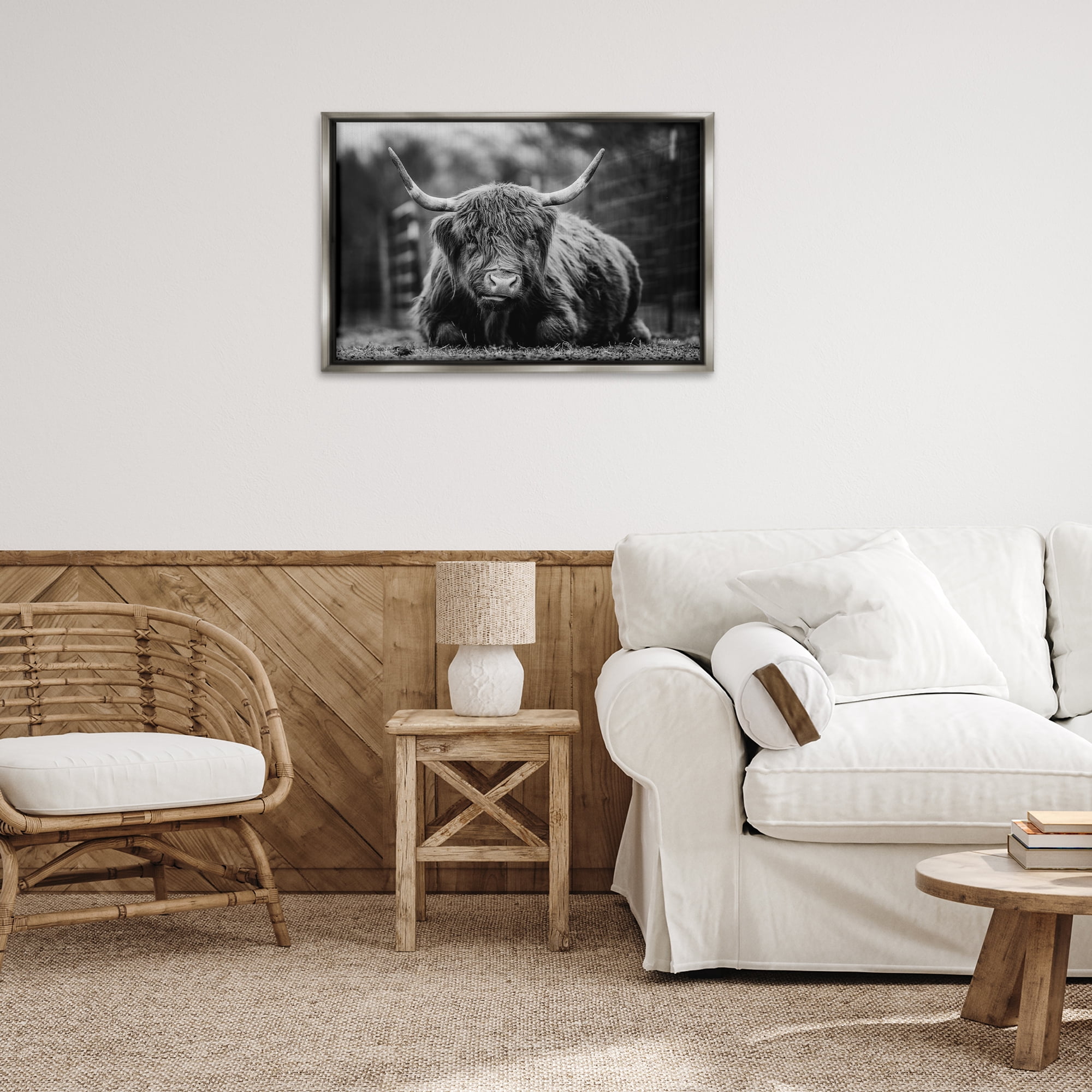 Stupell Industries Cattle Laying in Grass Animals & Insects Photography Gray Floater Framed Canvas Art Print Wall Art, 31 x 21