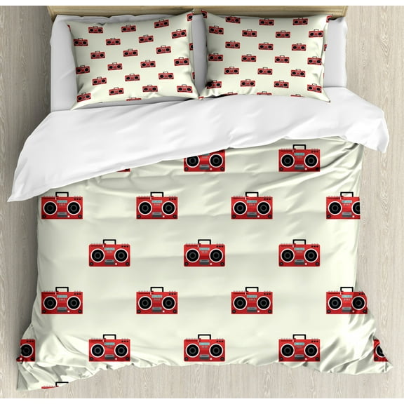 Hip Hop King Size Duvet Cover Set, Tape Recorder Musician Instrument Breakdance and Rap Music Themed Print, Decorative 3 Piece Bedding Set with 2 Pillow Shams, Cream Vermilion Black, by Ambesonne