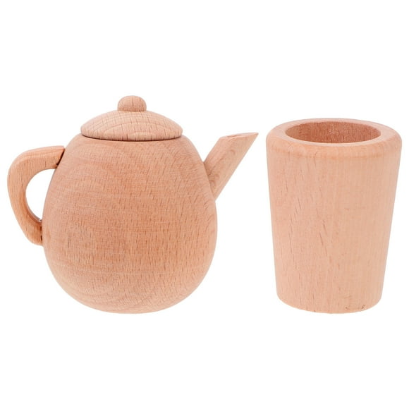 EeaseMX 1 juego de vajilla de madera de juguete, tetera lisa sin pintar, taza de té, juguete educativo