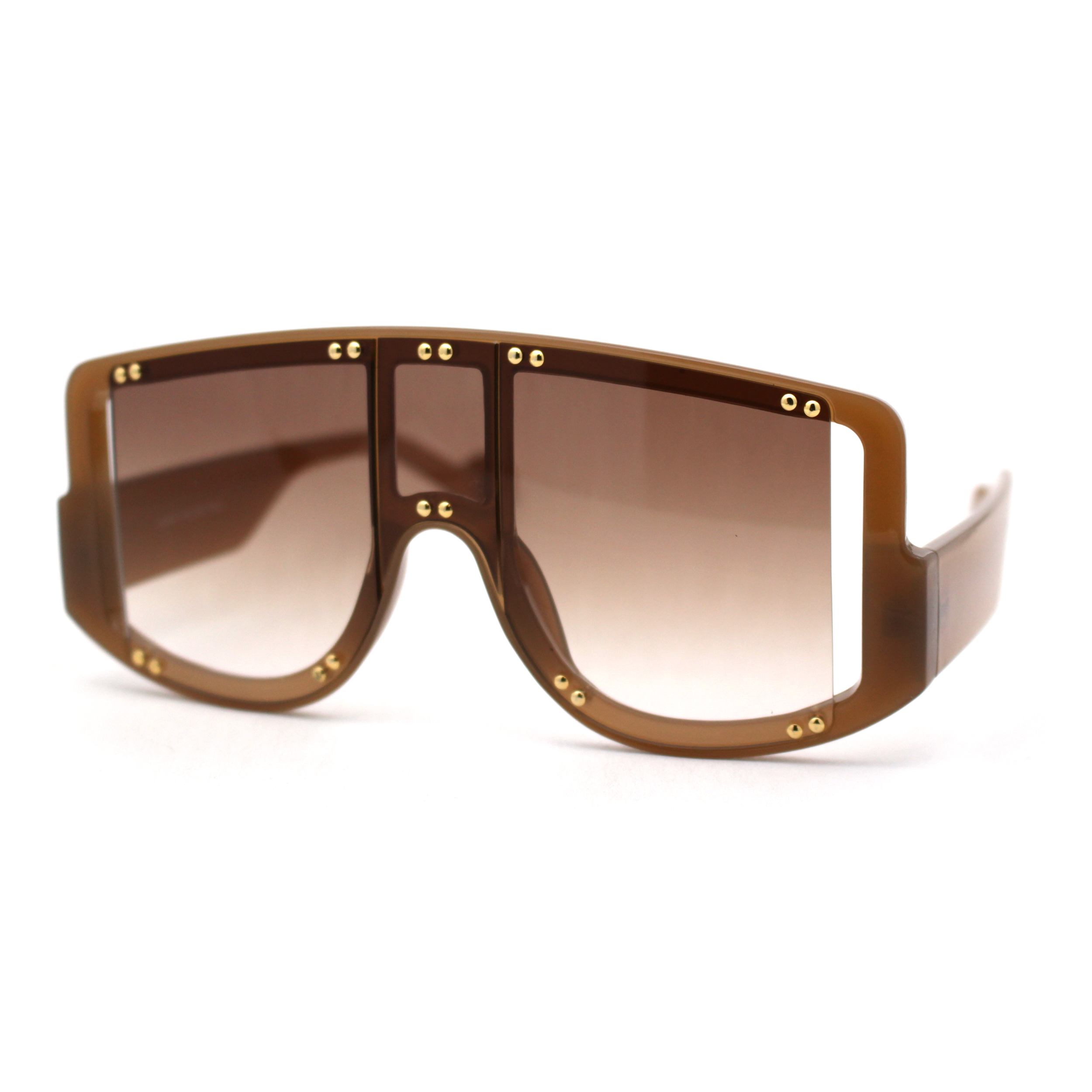 Multi Panel Shield Drop Temple Plastic Curved Top Racer Sunglasses All Brown - image 2 of 4