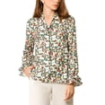 thumbnail image 3 of MODA NOVA Junior's Tie V Neck Blouse Long Trumpet Sleeve Floral Shirt White Green S, 3 of 6