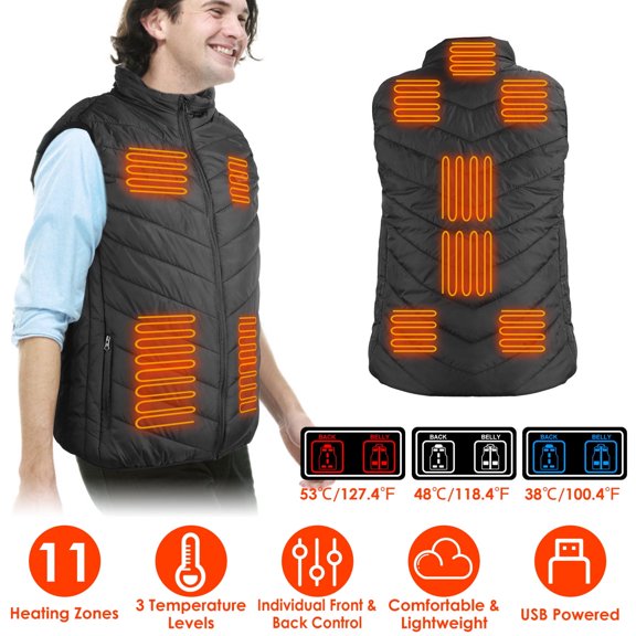 Heated Vest Electric USB Jacket for Men Women with 3 Temperature Levels, Black