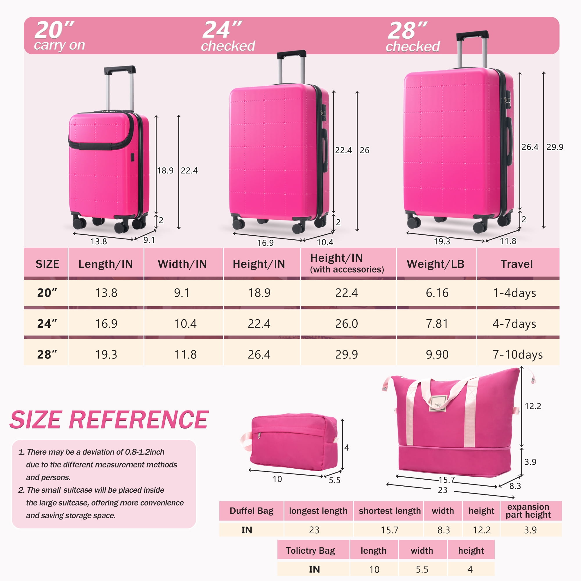 Euroco Luggage Sets 5 Piece, ABS Hardside Expandable Suitcase Set with TSA Lock Spinner Wheels and 2 Bags,20" Half-opening Carry on Luggage with USB Port for Travel,Pink(20"/24"/28")